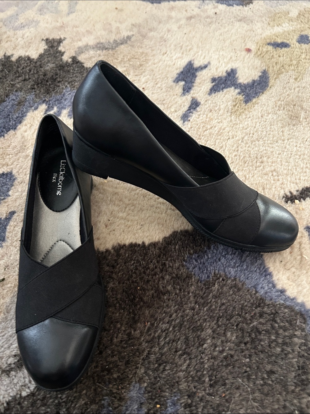 New Liz Claiborne Flex Black Slip-On Wedge Heels Loafers w/Elastic Crossover 6